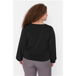 Siyah Balon Kol Kruvaze Yaka Örme Crop Bluz TBBAW23AF00029