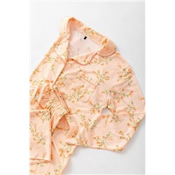 Turuncu Çiçek Desenli Biyeli Gömlek Yaka Dokulu Örme Pijama Takımı TBBAW26AI00039