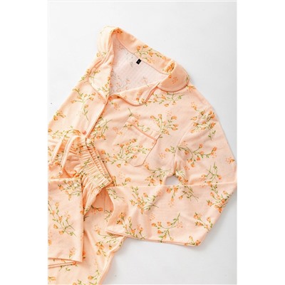 Turuncu Çiçek Desenli Biyeli Gömlek Yaka Dokulu Örme Pijama Takımı TBBAW26AI00039
