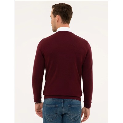 Bordo Slim Fit V Yaka Basic Triko Kazak