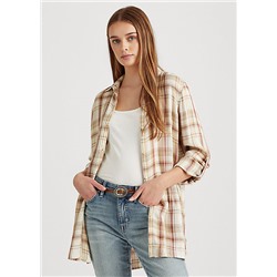 Plaid Roll-Tab-Sleeve Twill Shirt