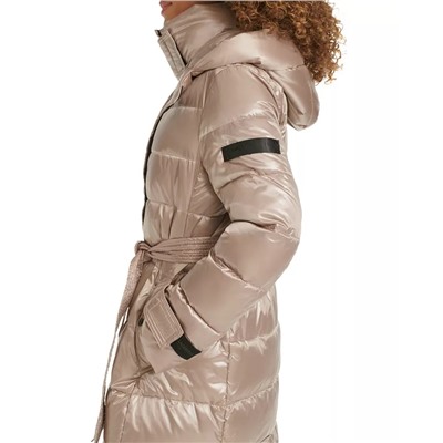 KARL LAGERFELD PARIS Karl Lagerfeld Womens Shine Hooded Belted Puffer Coat