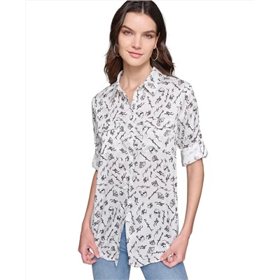 KARL LAGERFELD PARIS Women's Printed Utility Button-Down Top