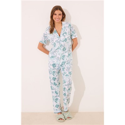Pijama largo camisero 100% algodón flores verdes
