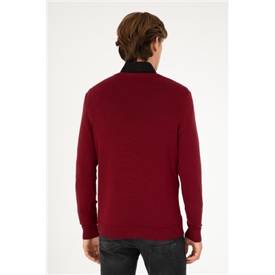 Erkek Slim Fit V Yaka Bordo Basic Kazak