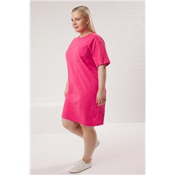 Pembe Bisiklet Yaka Yıkamalı Örme Büyük Beden T-shirt Elbise TBBSS25AH00007