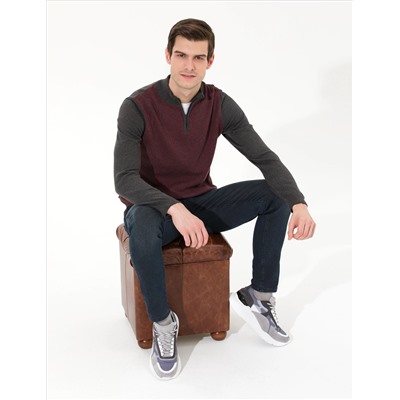 Gri Melanj Slim Fit Fermuarlı Dik Yaka Triko Kazak