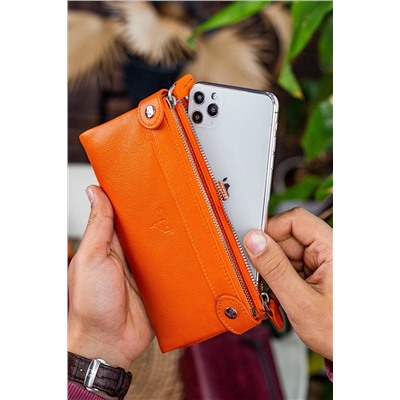 Garbalia, Roosevelt Hakiki Deri Telefon Bölmeli El Saplı Turuncu Unisex Portföy Cüzdan