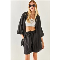 Olalook Kadın Siyah Şortlu Kimono Takım TKM-19000216