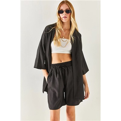 Olalook Kadın Siyah Şortlu Kimono Takım TKM-19000216