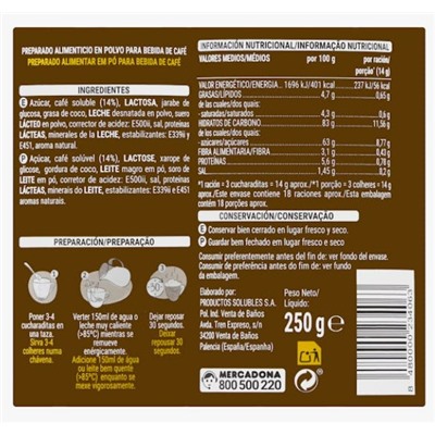 Café soluble cappuccino Hacendado Bote 250 g | 10,80 €/kg