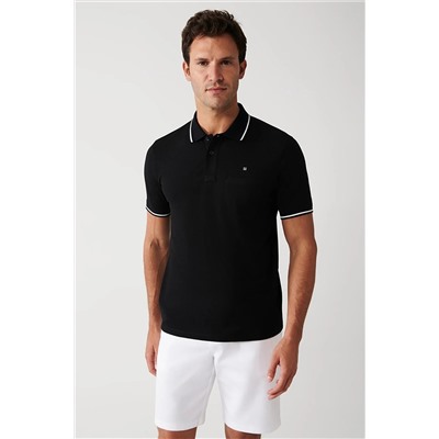Avva Erkek Siyah Kıvrılmaz Yaka Cepli Standart Fit Normal Kesim 2 Düğmeli Polo Yaka T-shirt E001031