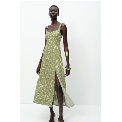 POLKA DOT LINEN BLEND MIDI DRESS