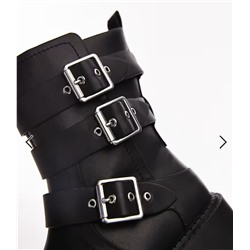 Topshop Wide Fit Luke chunky biker boots with buckle detail in black