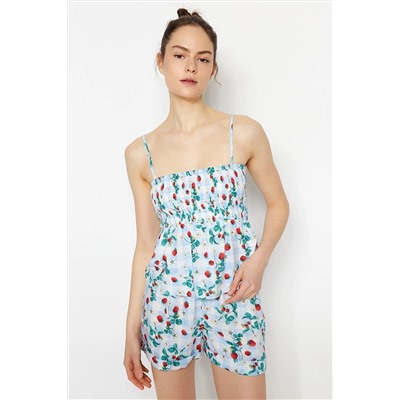 TRENDYOLMİLLA Mavi-Çok Renkli Meyve Desenli Atlet-Şort Dokuma Pijama Takımı THMSS23PT00189