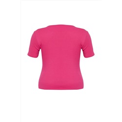 Pembe Slim Fit Kalpli Cut-Out Detaylı Fitilli %100 Pamuk Örme Büyük Beden T-shirt TBBSS24BF00006