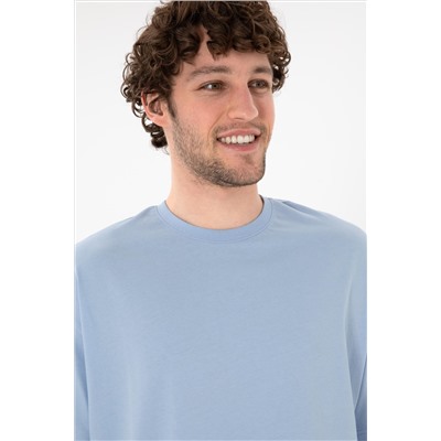 Erkek Oversize Fit Bisiklet Yaka Açık Mavi Tişört