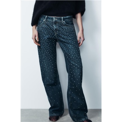 TRF RELAXED OVERSIZE RHINESTONE MID-WAIST JEANS