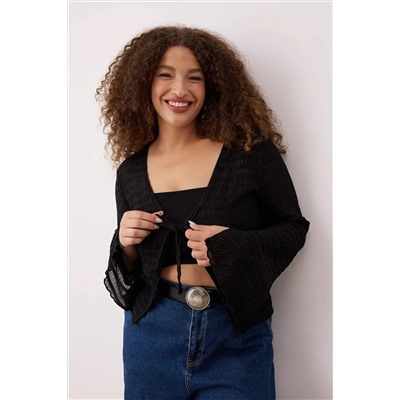 Siyah Premium Bağlama Detaylı Dokulu V Yaka Esnek Örme Büyük Beden Bluz TBBAW26AF00032