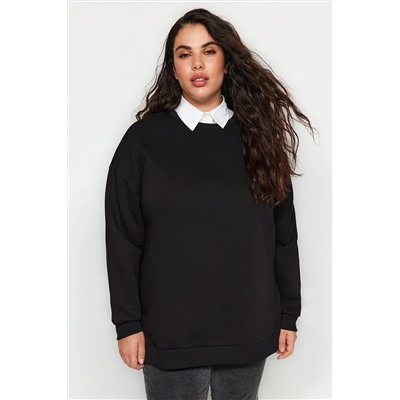 Siyah Kalın İçi Polarlı Yırtmaçlı Oversize/Bol Kesim Örme Büyük Beden Sweatshirt TBBAW24AO00003