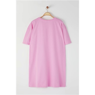 Pembe Geometrik Baskılı %100 Pamuk Örme Büyük Beden T-Shirt Elbise TBBSS22EL2269