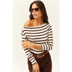 Olalook Kadın Acı Kahve Premium Soft Touch Kayık Yaka Esnek Bluz BLZ-19002448