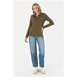 Kadın Haki Polo Yaka Basic Sweatshirt