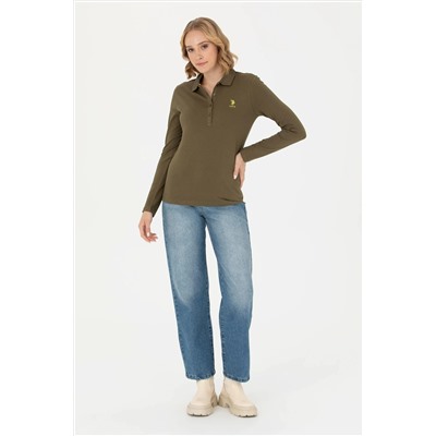 Kadın Haki Polo Yaka Basic Sweatshirt