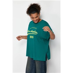 Yeşil Geniş Kalıp Bisiklet Yaka Baskılı %100 Pamuk Örme T-shirt TBBSS23AH00131