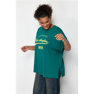 Yeşil Geniş Kalıp Bisiklet Yaka Baskılı %100 Pamuk Örme T-shirt TBBSS23AH00131