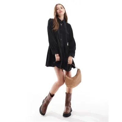 ASOS DESIGN corduroy mini smock dress with peplum hem in black