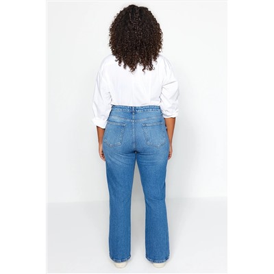 More Sustainable Koyu Mavi Yüksek Bel Comfort Straight Fit Büyük Beden Jeans TBBAW24CJ00045