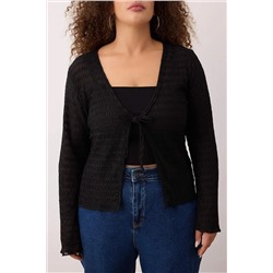 Siyah Premium Bağlama Detaylı Dokulu V Yaka Esnek Örme Büyük Beden Bluz TBBAW26AF00032