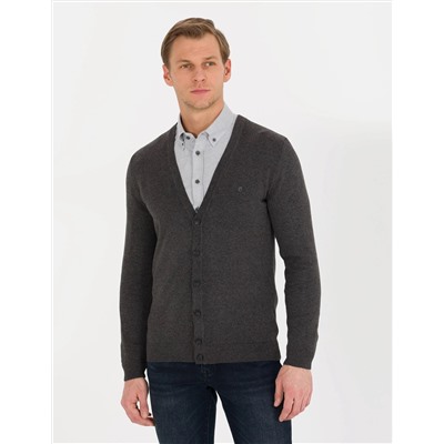 Gri Melanj Slim Fit Basic Triko Hırka
