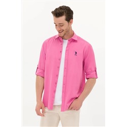 Erkek Pembe Keten Görünümlü Basic Gömlek