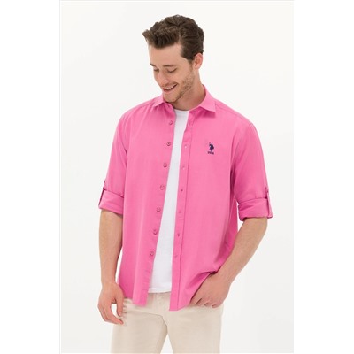 Erkek Pembe Keten Görünümlü Basic Gömlek