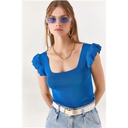 Olalook, Kadın İndigo Kolu Fırfırlı Yazlık Triko Bluz BLZ-19001035