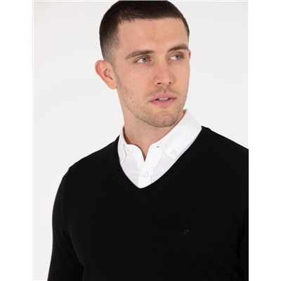 Siyah Slim Fit V Yaka Basic Triko Kazak