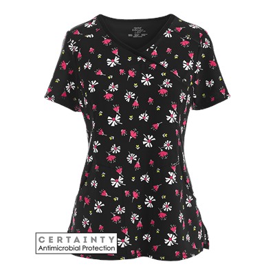 Cherokee Infinity Scrubs Flower The Leader Black Antimicrobial Print Top