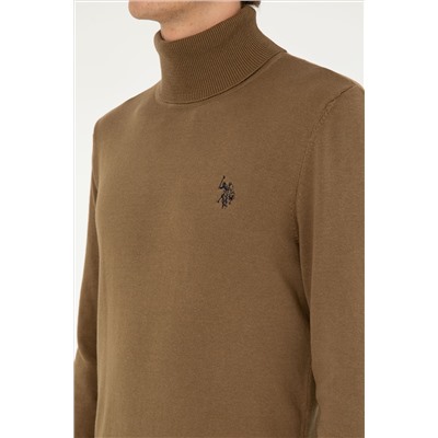 Erkek Slim Fit Boğazlı Yaka Haki Basic Kazak