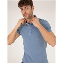 Koyu Mavi Slim Fit Eskitme Polo Yaka Tişört