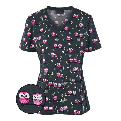 Cherokee Flexibles Scrubs Midnight Owl Print Top