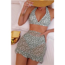 BELLA NOTTE, 3 Parça Yeşil Papatya Desenli Pareolu Bikini Takım