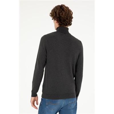 Erkek Slim Fit Boğazlı Yaka Antrasit Melanj Basic Kazak