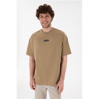 Erkek Oversize Fit Bisiklet Yaka Haki Tişört