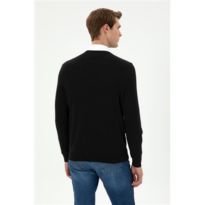 Erkek Slim Fit V Yaka Siyah Basic Kazak