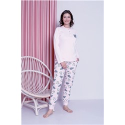 AHENGİM Woman Kadın Pijama Takımı Genç Interlok Kedi Desenli Paça Ribanalı Pamuklu Mevsimlik W20492256 1-2-10001197