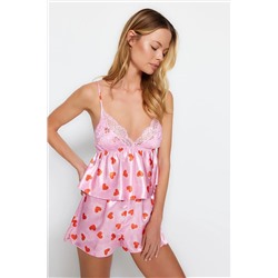 TRENDYOLMİLLA Pembe-Çok Renkli Saten Kalpli Dantel Detaylı Atlet-Şort Dokuma Pijama Takımı THMSS23PT00105