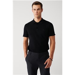 Siyah Pamuklu Polo Yaka Regular Fit Standart Kesim İnce Triko T-Shirt