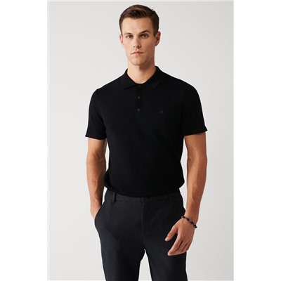 Siyah Pamuklu Polo Yaka Regular Fit Standart Kesim İnce Triko T-Shirt